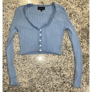 Cotton Candy LA Ribbed Crop Top Button Up Long Sleeve Blue Size-L
